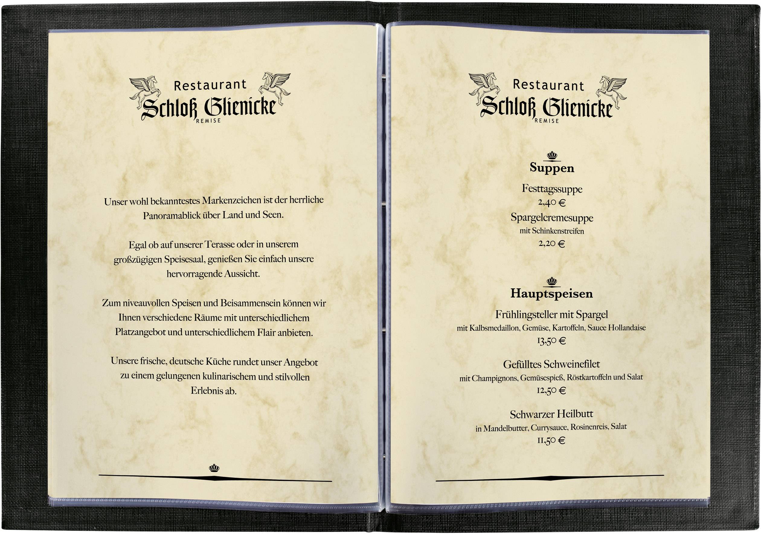 Menu du Restaurant Château de Glienicke sur deux pages. À gauche, description de la cuisine locale, à droite, liste des plats comprenant des soupes et des plats principaux.