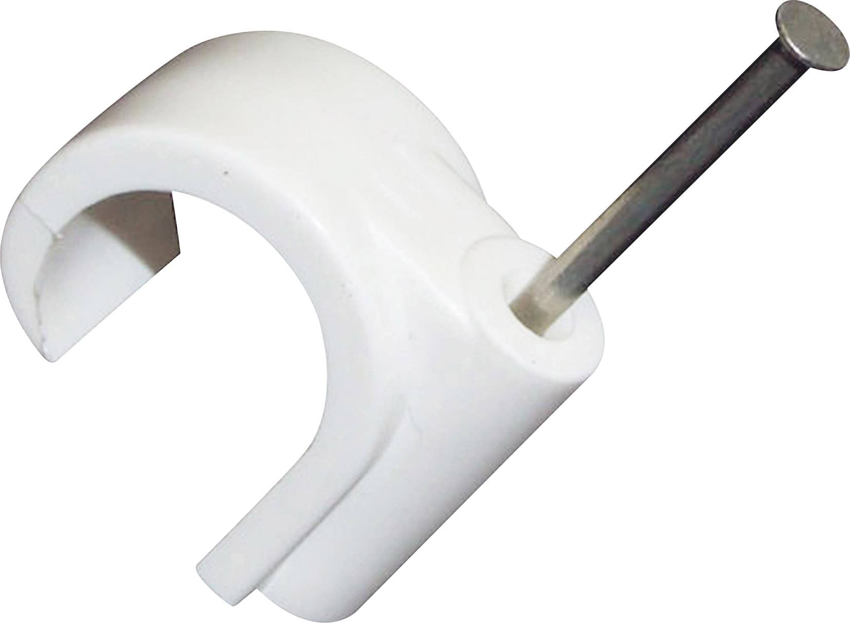 Attache-câble en plastique blanc avec clou en acier pour la fixation de câbles sur les murs.