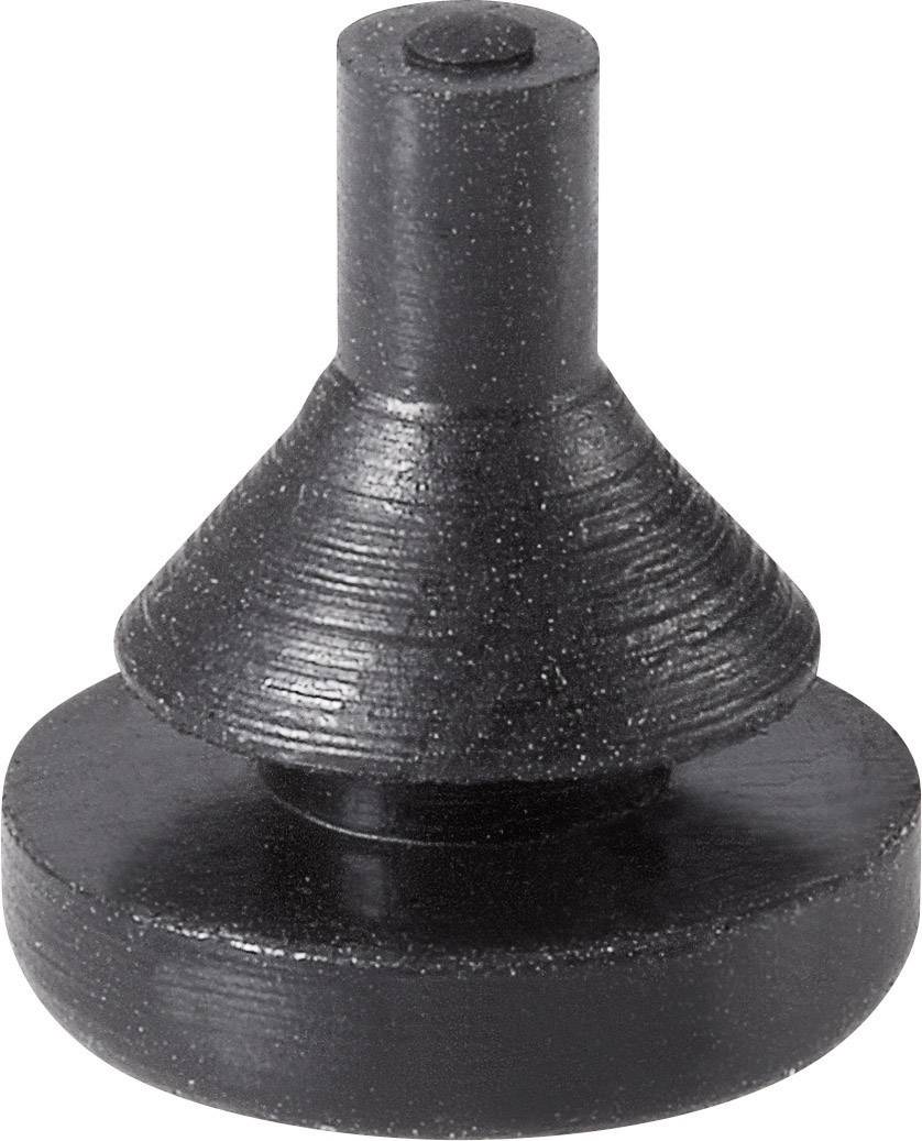 Un bouchon noir rond en plastique avec une partie centrale conique et une extrémité fine saillante, utilisé comme fermeture.