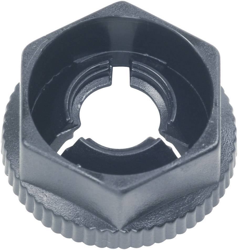 Un cache-clé noir hexagonal en plastique, probablement un outil spécialisé pour retirer ou serrer certains bouchons à vis.