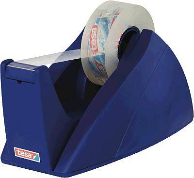 Dévidoir de ruban adhésif bleu avec un rouleau de Tesa inséré, prêt à l'emploi.