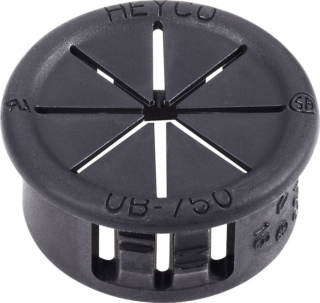 Gaine de câbles en plastique noir à six rayons portant l'inscription « HEYCO UB-750 ». Utilisée pour l'organisation des câbles.
