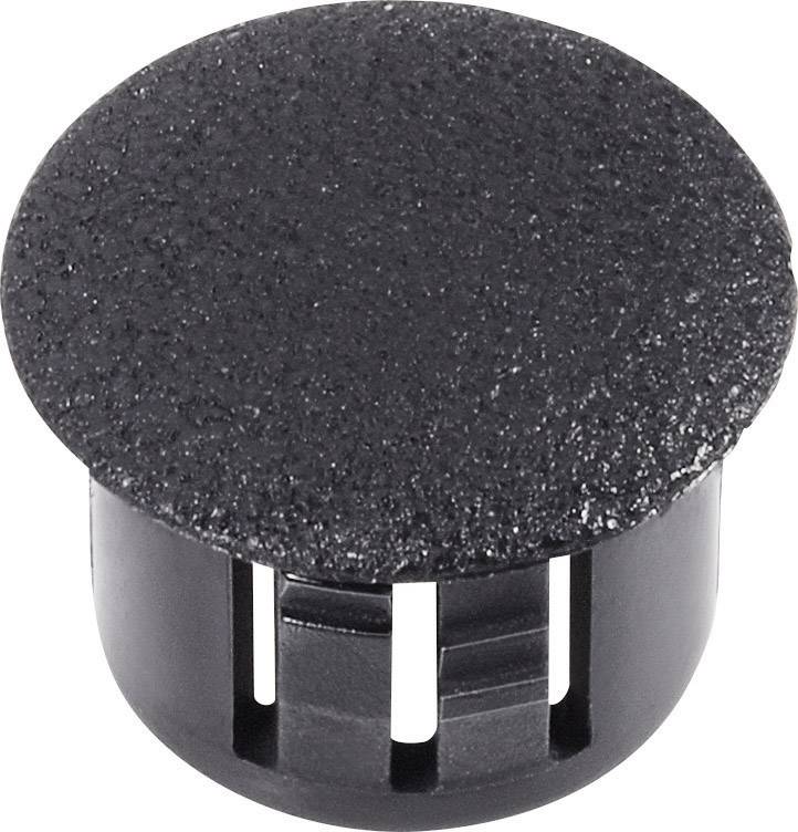 Bouchon en plastique noir à tête ronde et rainures, utilisé pour obturer ou couvrir des trous dans des surfaces.