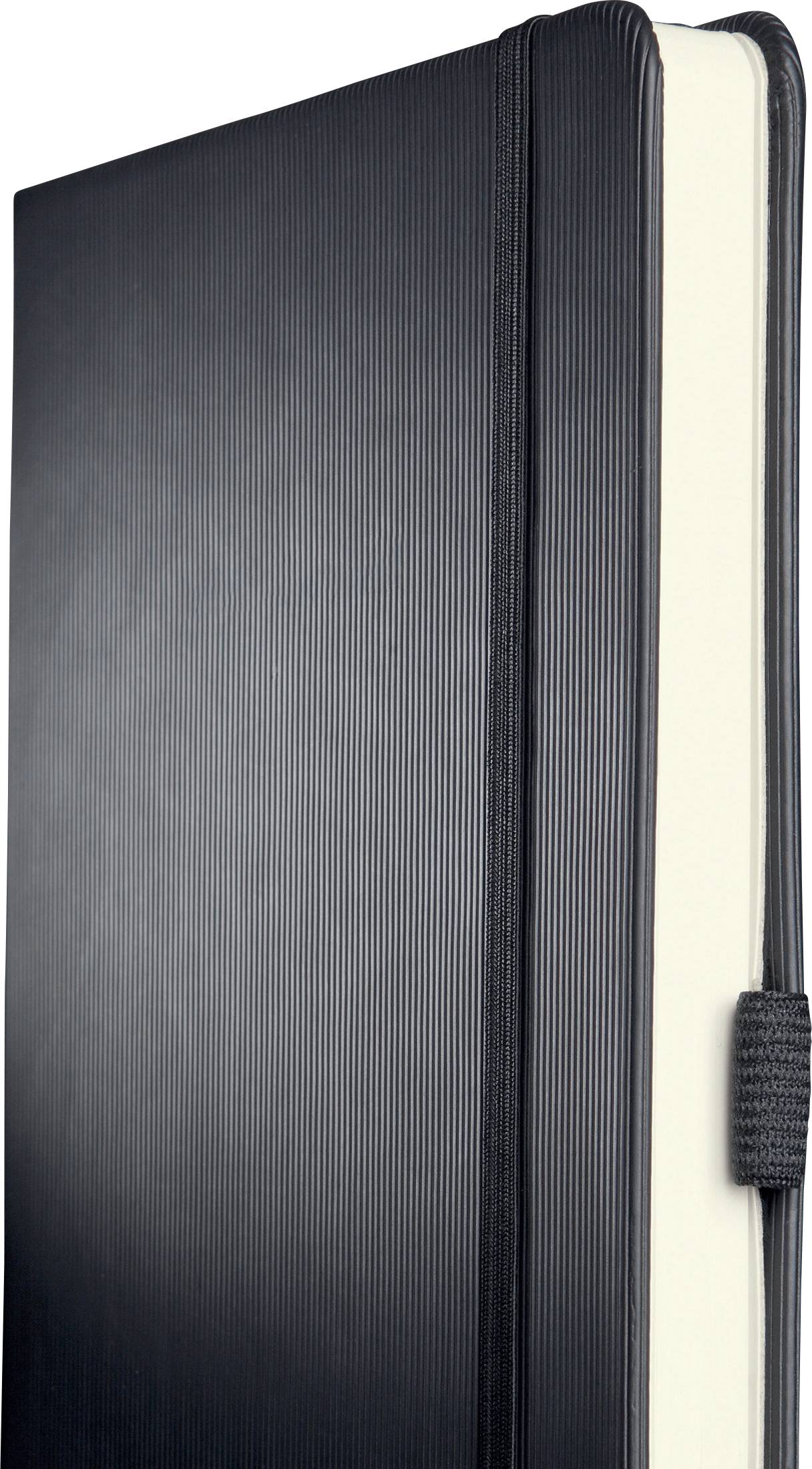 Carnet noir fermé, avec un élastique sur le côté droit.