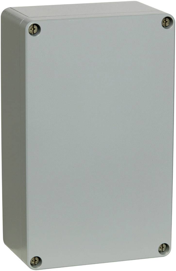 Boîtier métallique gris, rectangulaire, aux coins arrondis et pourvu de vis à chaque angle. Il paraît robuste et fonctionnel.