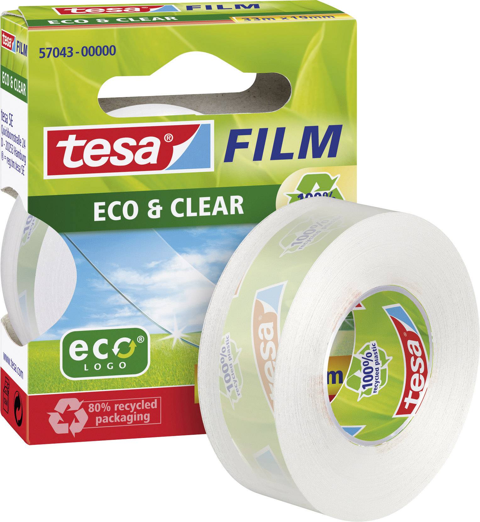 Emballage de 'tesa Film Eco & Clear', ruban adhésif transparent en rouleau, long de 1000 cm, emballage recyclé à 80%.