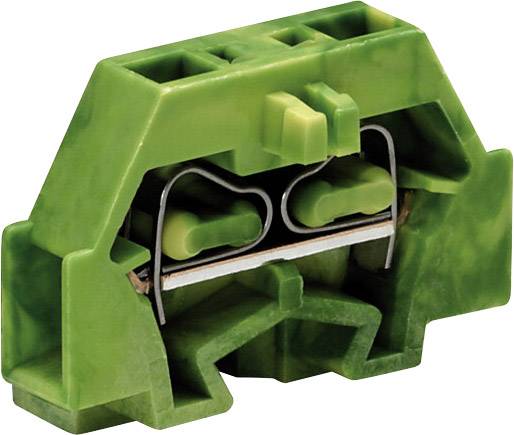Bloc de connexion en plastique vert avec deux bornes et connexions métalliques, couramment utilisé dans les systèmes électriques.