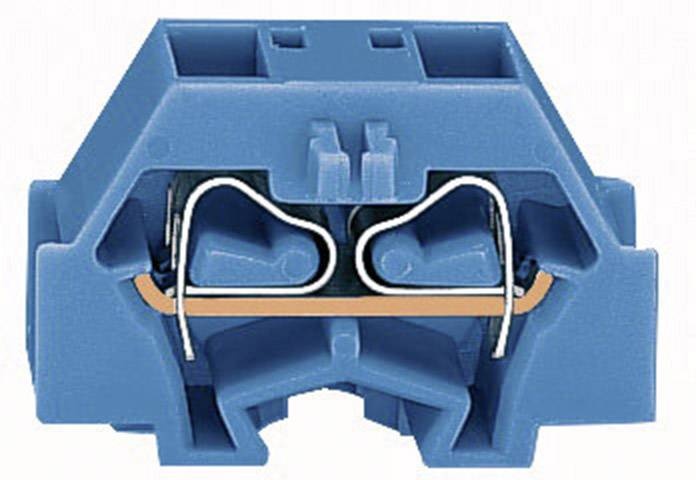 Bloc de connexion électrique bleu avec deux trous et câblage interne.