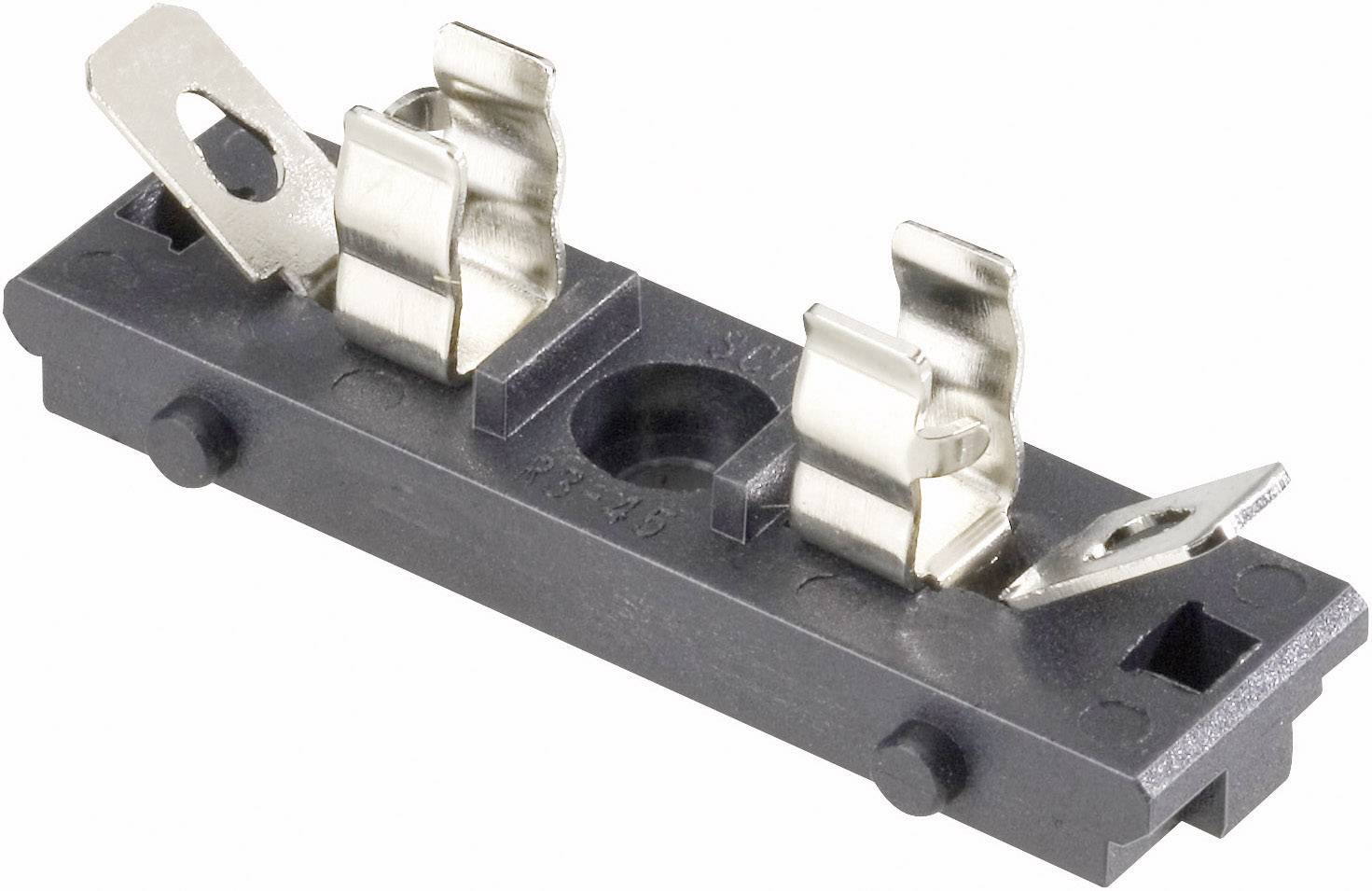 Support de fusible électrique plat avec contacts métalliques et base en plastique. Adapté pour recevoir et sécuriser un fusible plat.