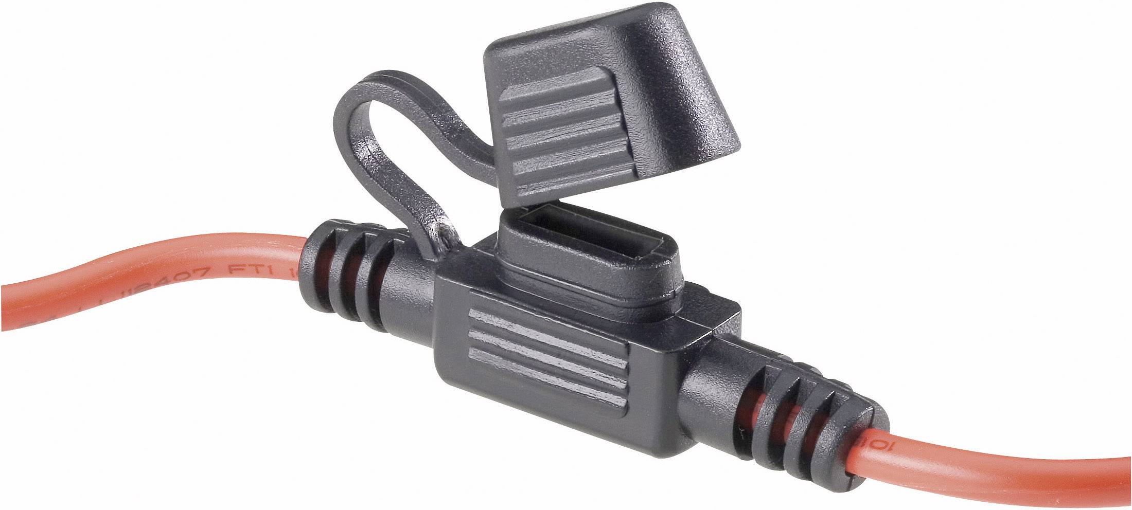Boîtier de fusible avec câble rouge et couvercle noir, ouvert, montrant l'espace pour un fusible, destiné à la protection électrique dans les systèmes électriques.