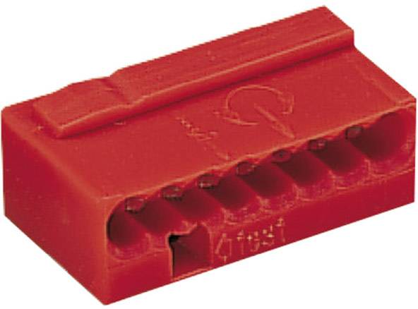 Pièce en plastique rouge avec plusieurs ouvertures d'insertion et un symbole de flèche dessus.