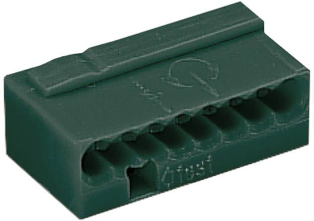 Connecteur en plastique vert avec plusieurs entrées de câbles et une languette supérieure pour une connexion facile.