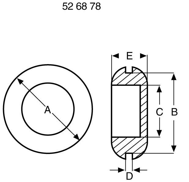 Dessin technique d'un palier avec diamètre A, hauteur B et C, largeur D, ainsi que largeur de bord spécifique E.