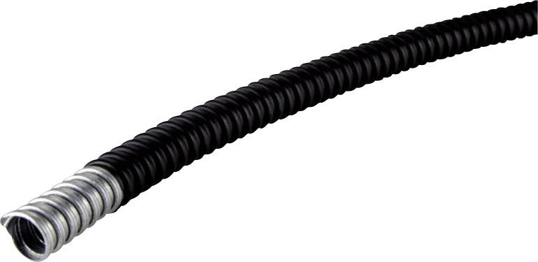 Gaine de protection flexible noire pour câbles, avec couche intérieure métallique, adaptée à la protection des lignes électriques.