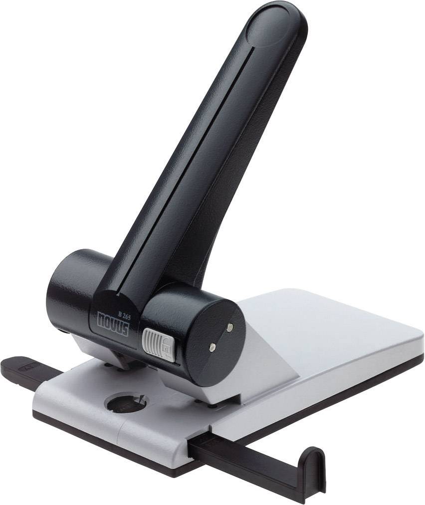Perforateur avec levier noir et base blanche, adapté à l'usage de bureau.