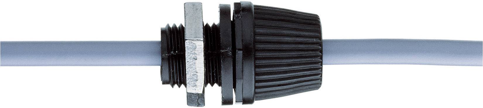 Un connecteur noir strié entoure un câble bleu et est maintenu par un écrou.