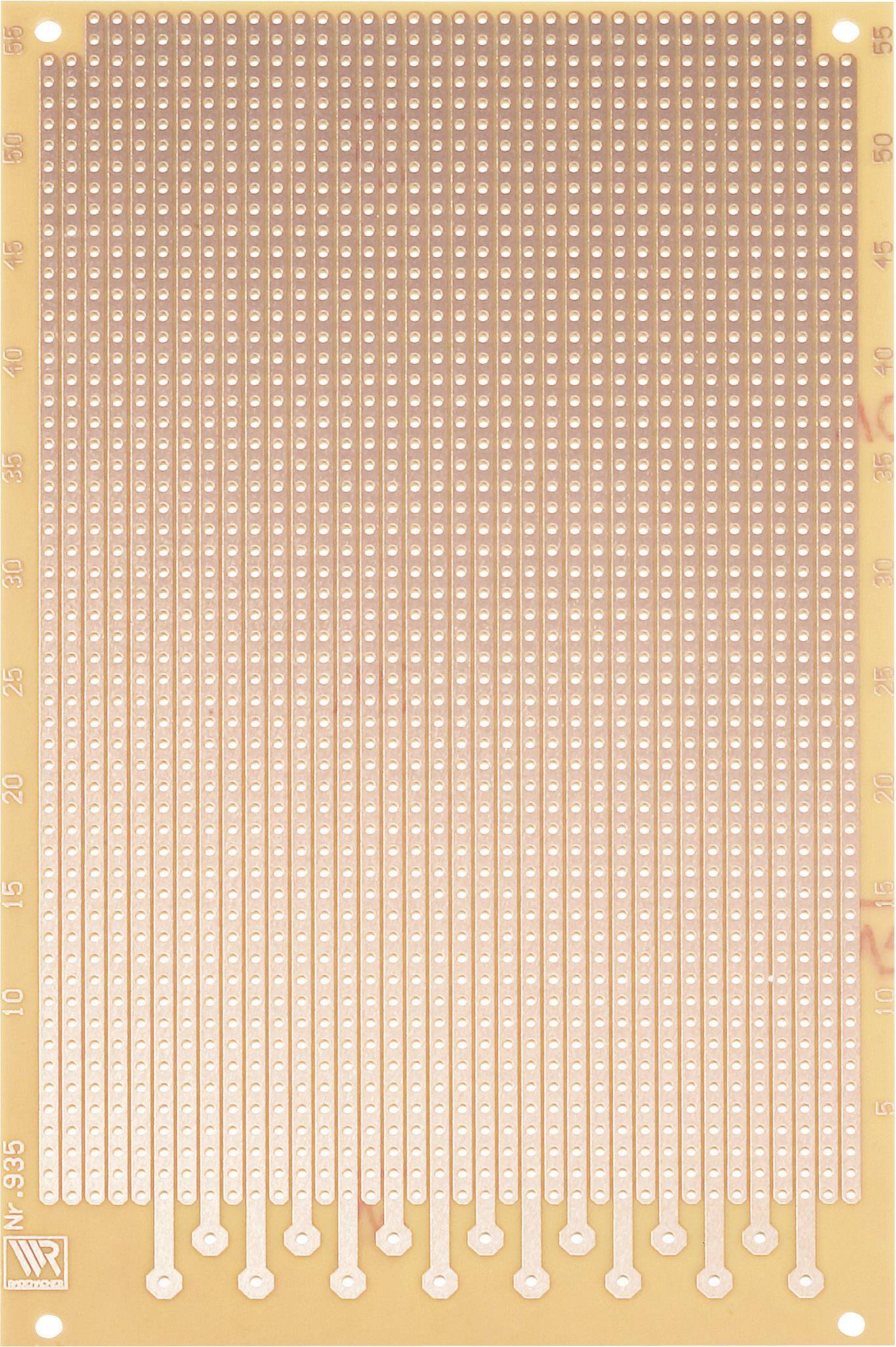 Carte de circuit imprimé à grille striée avec des pistes de cuivre verticales sur un matériau de plaquette jaune.