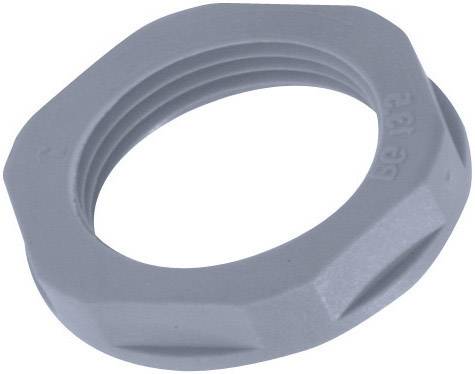 Un écrou hexagonal en plastique gris, avec filetage intérieur.