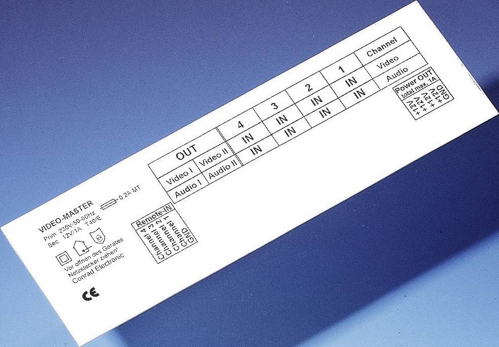 Le panneau 'Video Master' affiche les entrées et sorties vidéo et audio sur quatre canaux. Le diagramme illustre les connexions et l'alimentation électrique.