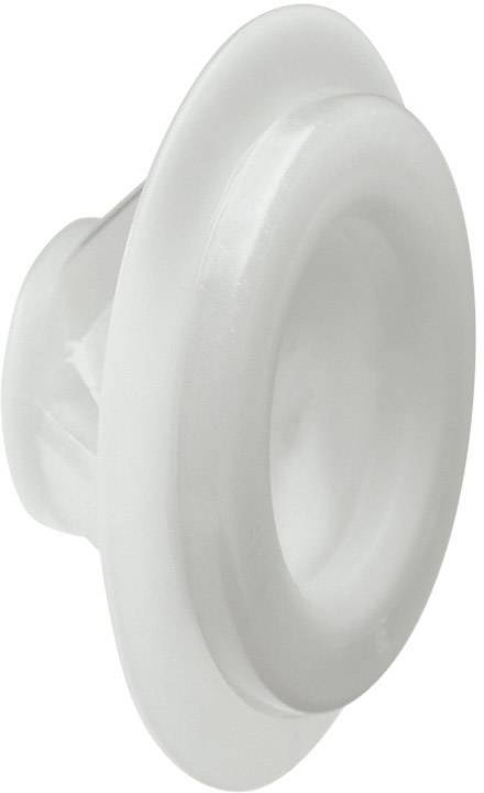 Un patin de meuble rond blanc en plastique, destiné à protéger les sols contre les rayures.