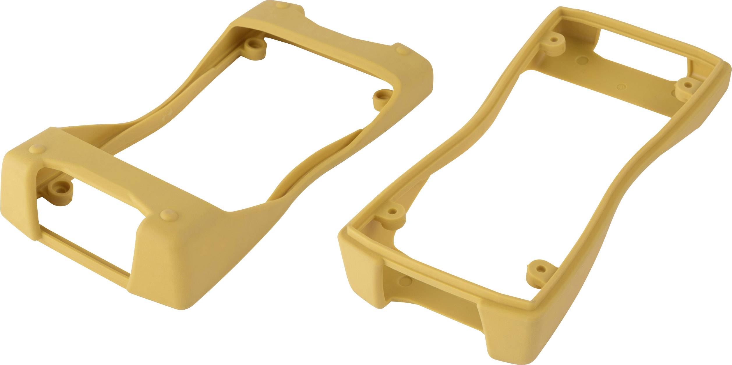 Deux boîtiers en plastique jaune sont placés côte à côte, montrant leur face supérieure et leur face inférieure. Ils présentent des ouvertures et des points de fixation.