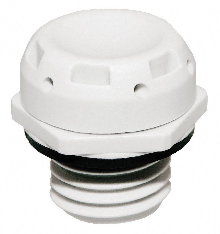 Raccord de câble en plastique blanc avec base nervurée, tête arrondie et joint d'étanchéité noir. Utilisé dans les applications électriques.