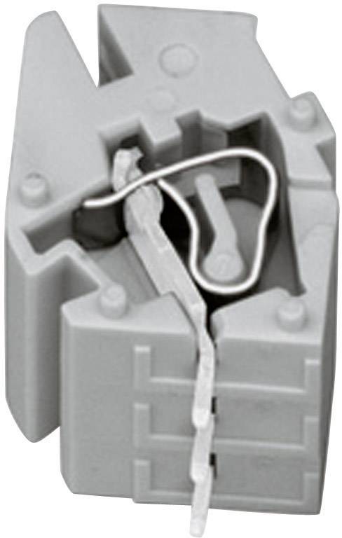 Pièce en plastique grise avec contact métallique enfichable et clip, faisant partie d'un système d'enfichage ou d'une unité de connexion électrique.