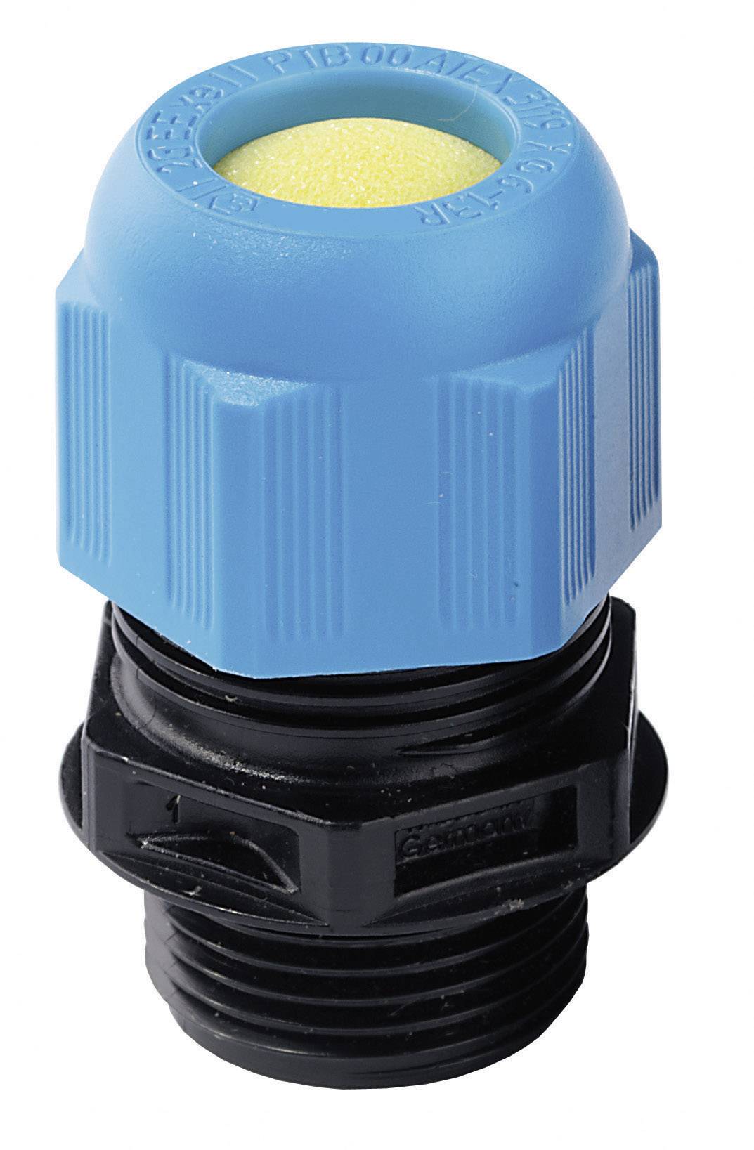 Un presse-étoupe en plastique bleu et noir, composant mécanique servant à la fixation et au soulagement de la tension des câbles.