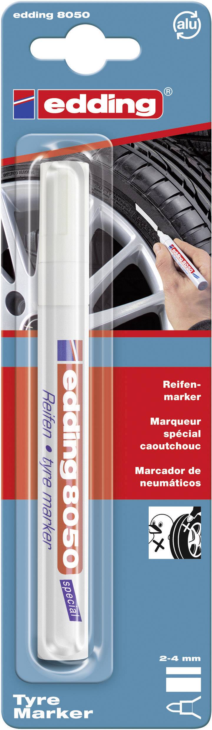 Emballage d'un marqueur de pneu de la marque edding 8050 avec le stylo dans un blister. Un exemple d'application montre le marquage d'un pneu de voiture.