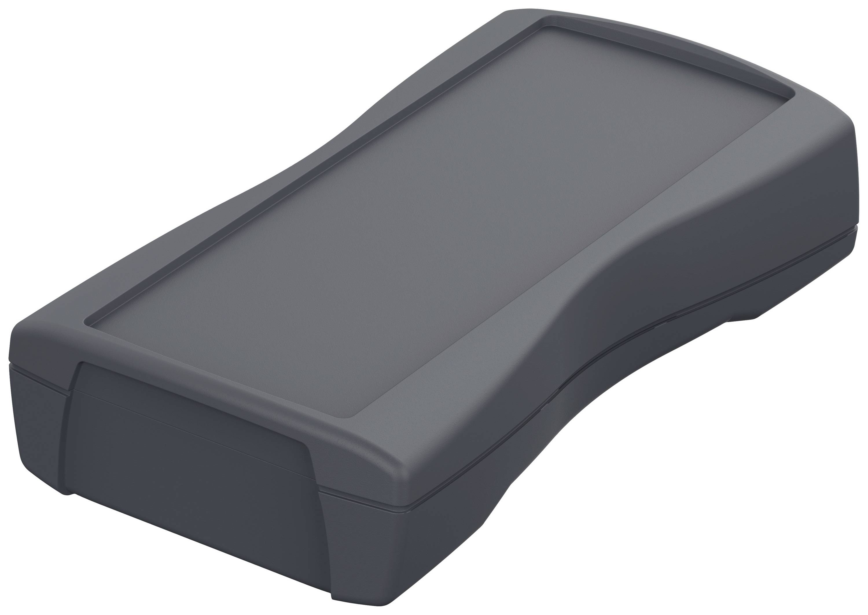 Un boîtier noir en plastique rectangulaire aux bords arrondis, probablement destiné à des appareils électroniques.