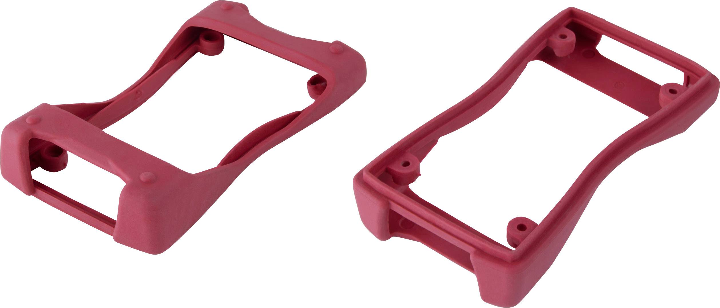 Deux supports en plastique rouge, placés côte à côte, présentent des angles différents. Ils sont conçus pour des appareils techniques.