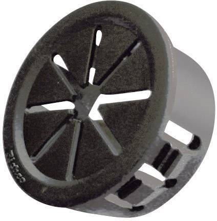 Partie de boîtier noir et rond, comportant des fentes et des ouvertures, probablement destinées à la ventilation ou à la gestion des câbles dans des appareils électroniques.
