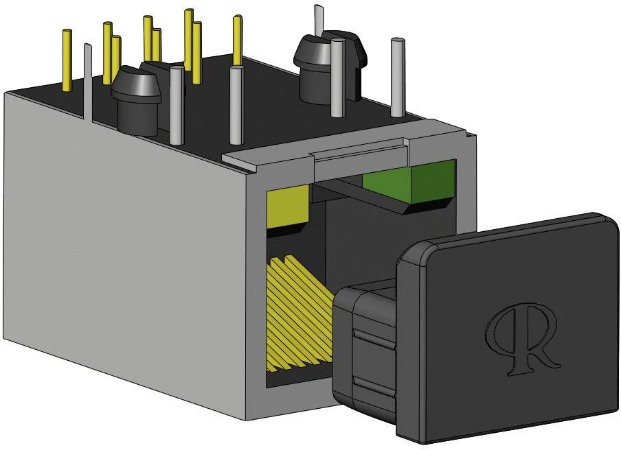 Une fiche rectangulaire à broches métalliques et boîtier noir, partiellement ouverte. Adaptée pour les connexions électroniques.