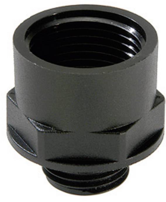 Un adaptateur cylindrique noir avec un filetage intérieur en haut et un filetage extérieur en bas, utilisé pour connecter des conduites.