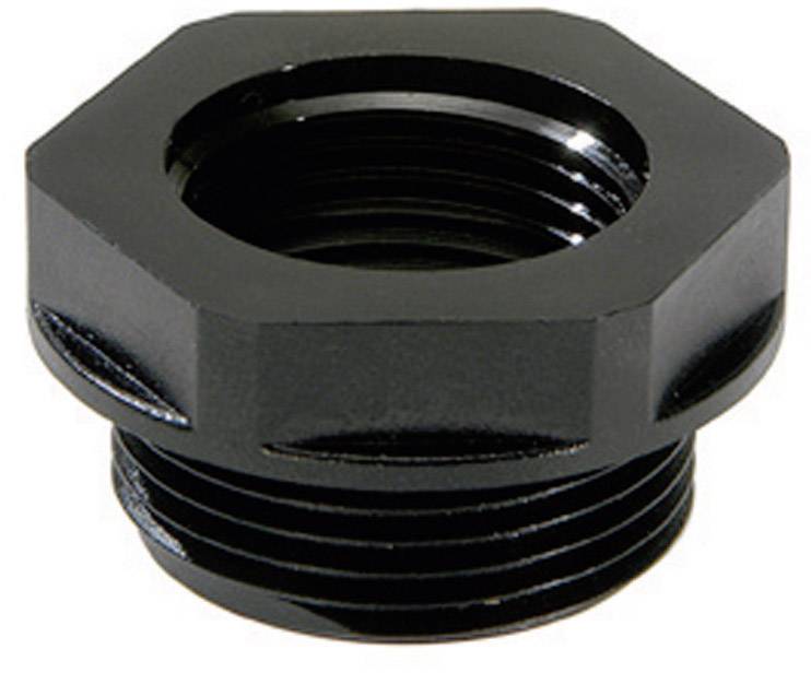 Un adaptateur hexagonal noir en métal, utilisé pour connecter des tuyaux ou des flexibles dans des applications techniques.