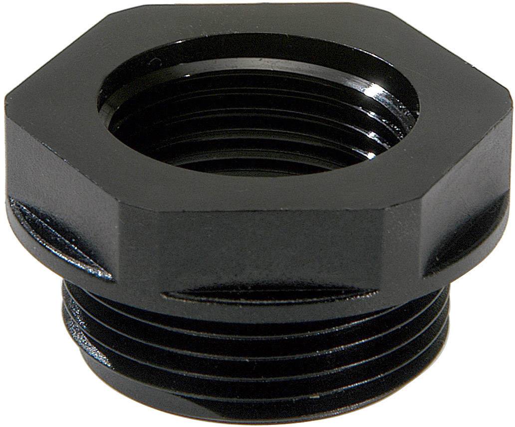 Un raccord hexagonal noir en métal avec filetage intérieur et extérieur, adapté aux connexions de tuyauterie.