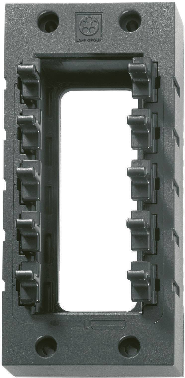 Cadre en plastique noir avec ouverture rectangulaire au centre, entouré de plusieurs clips pour la fixation des câbles.