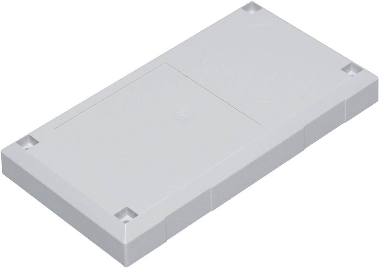 Couvercle rectangulaire en plastique gris avec quatre trous de vis aux coins, potentiellement adapté pour les installations électriques.