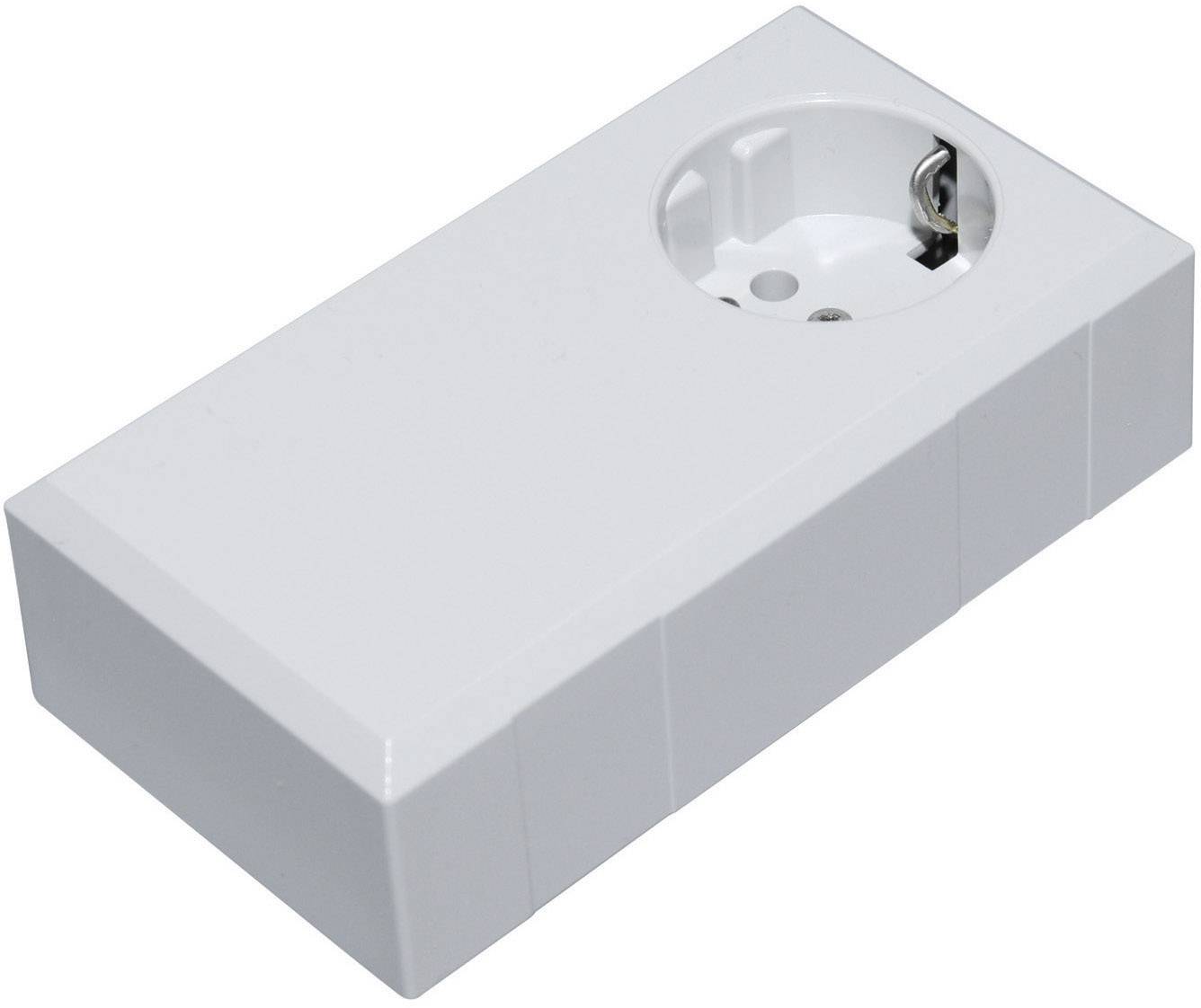 Prise électrique blanche dans un boîtier rectangulaire.