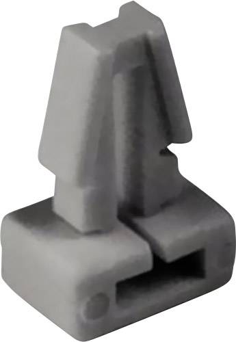 Pièce en plastique grise, de forme cubique, avec deux fentes rectangulaires; probablement un composant ou un connecteur pour un dispositif technique.