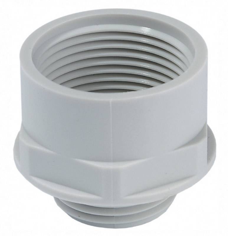 Un raccord de tuyau cylindrique gris en PVC avec filetage, utilisé pour connecter des tubes dans les installations sanitaires.