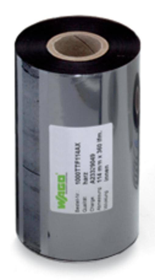 Rouleau d'un ruban de transfert thermique noir avec une étiquette affichant des spécifications techniques et la marque 'WJCO'.