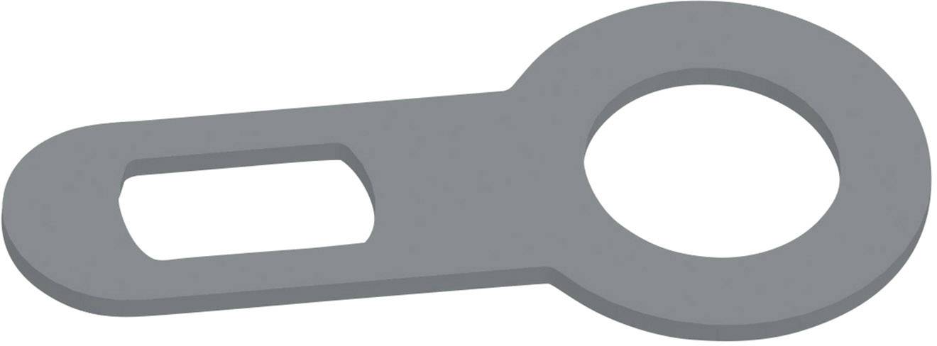'Illustration d'un connecteur plat gris avec une boucle et une ouverture rectangulaire, utilisé pour des connexions mécaniques.'