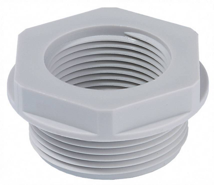 Un adaptateur de vis en plastique blanc hexagonal avec filetage intérieur et extérieur.