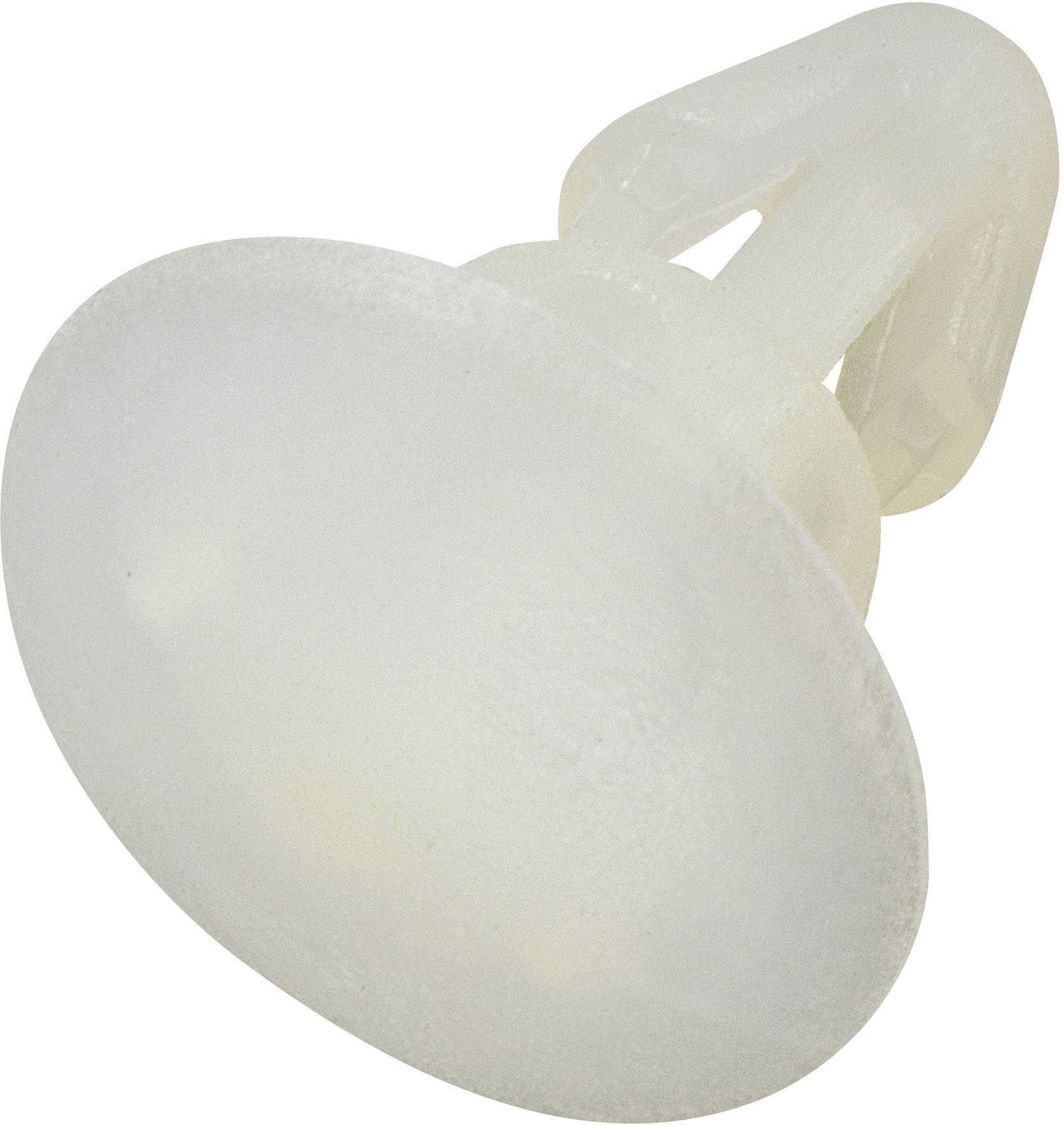 Un cheville en plastique blanc à tête plate et trois pattes coniques, typiquement utilisée pour la fixation dans divers matériaux.