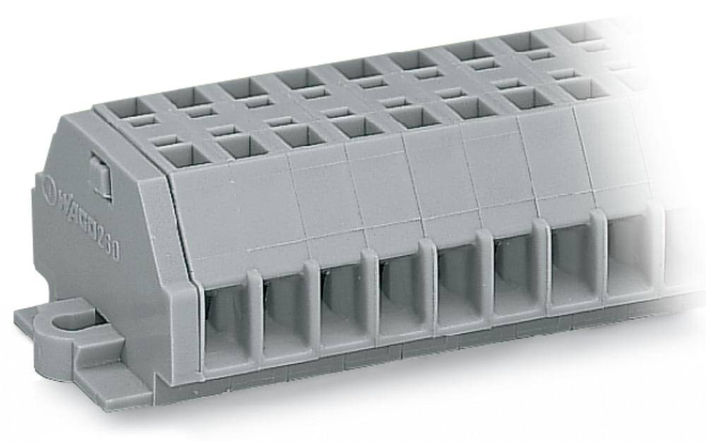Connecteur rectangulaire gris en plastique avec plusieurs broches, utilisé pour la connexion électrique dans un dispositif technique.
