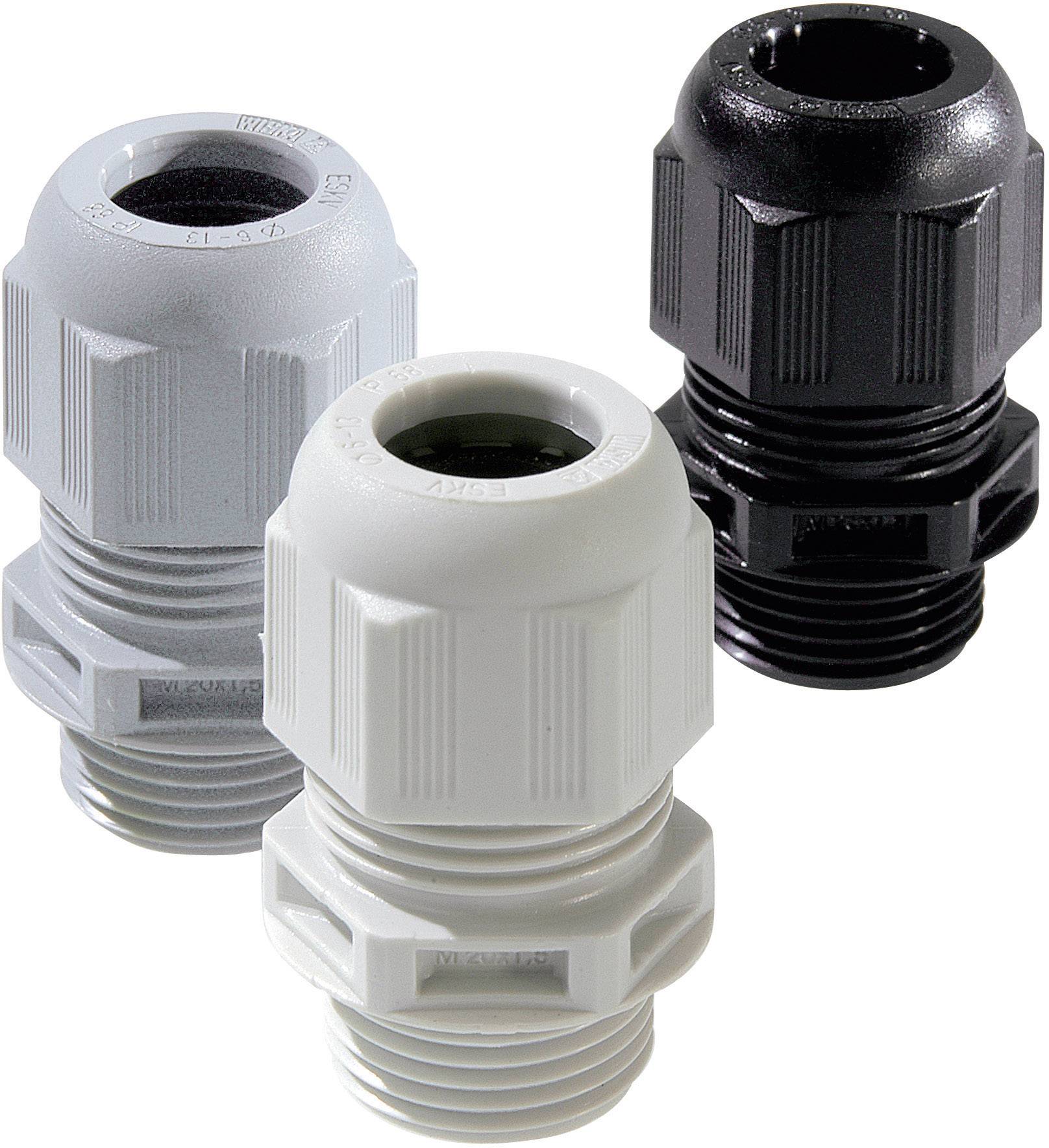 Trois presse-étoupes en gris, blanc et noir.