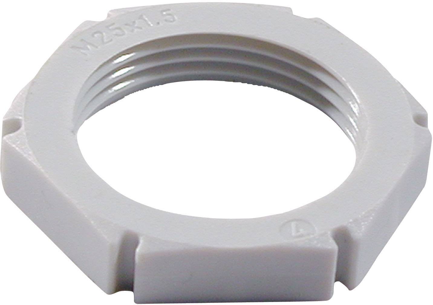 L'image montre un écrou borgne en plastique blanc portant l'inscription 'M25x1.5', utilisé pour la fixation de presse-étoupes.