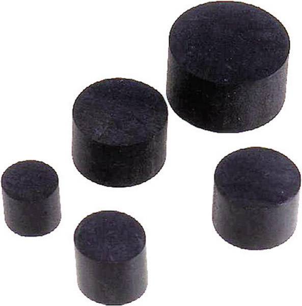 Cinq aimants cylindriques noirs de tailles différentes sur un fond blanc, illustrant la diversité des dimensions des aimants.