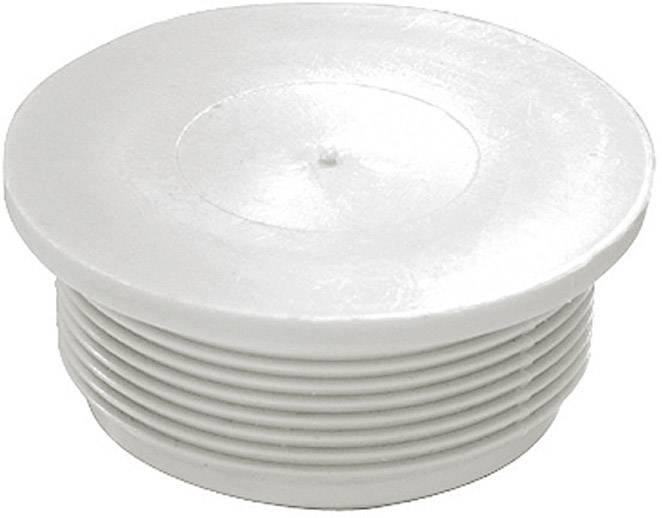Un bouchon rond en plastique blanc avec un bord strié, probablement utilisé pour obturer des tuyaux ou des ouvertures.